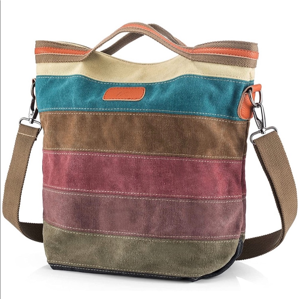 Multi-Color Striped Canvas Cross-Body Daily Handbag NWT